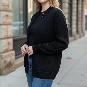 ELEGANT LUXURY METALLIC BLACK OPEN KNIT ST JOHN COUTURE EVE BLACK KNIT JACKET XL